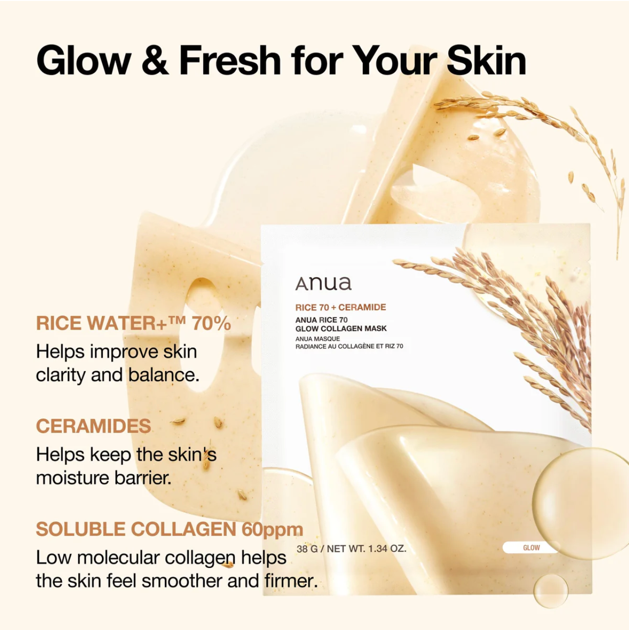 ANUA Rice70 Glow Collagen Mask [1EA]